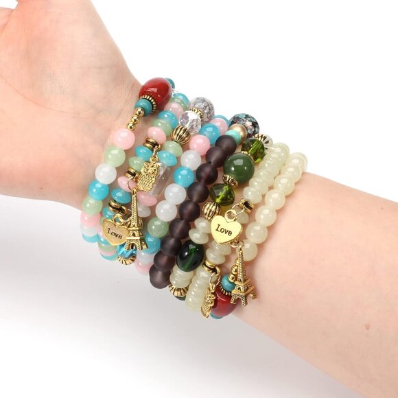 Bohemian Multilayer Glass Beaded Rubber Rope Chain Charm Stackable Bracelets - Picture 8 of 9
